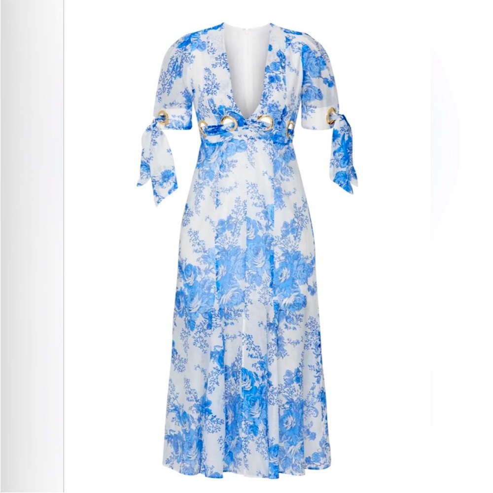 Alice McCall Blue and White Maxi Dress with Gold Details and Front Slit